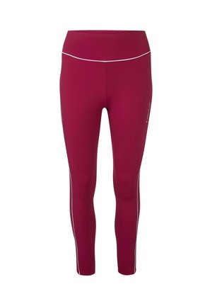 Maroon high-waisted athletic leggings with white piping along the sides and a small logo on the upper thigh.