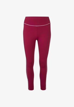 Maroon high-waisted athletic leggings with white piping along the sides and a small logo on the upper thigh.