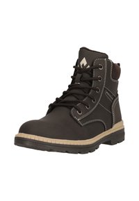 Bruna läderankelboots med rund tå, texturerad krage, kontrasterande vit söm, snörningsdesign och gummisåle.