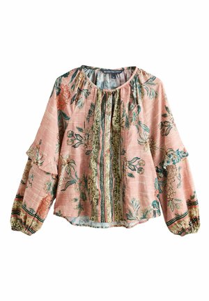 Pink floral blouse with long puffed sleeves, buttoned front placket, gathered neckline, and mixed vertical stripe patterns.