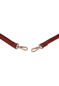 Cintura in pelle marrone con clip in metallo dorato su entrambe le estremità. Texture liscia e design piatto, adatta per essere attaccata a borse o accessori.