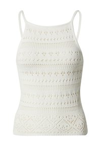 Witte gebreide tanktop met dunne bandjes, met een textuurpatroon van bloemen en horizontale strepen, en opengewerkt detail.