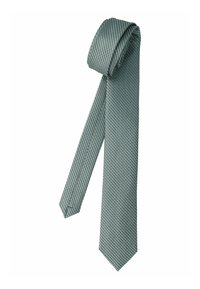 Textured green tie with a geometric pattern, made of fabric. The tie features a pointed end and a slightly tapered design.