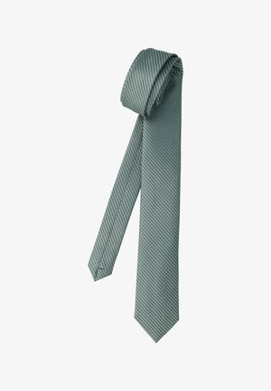 Strukturierte grüne Krawatte mit geometrischem Muster, aus Stoff gefertigt. Die Krawatte hat ein spitzes Ende und ein leicht tailliertes Design.