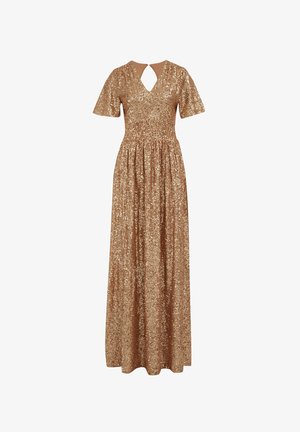 Robe maxi en tissu pailleté doré, avec un décolleté en V, des manches courtes et une taille cintrée pour une silhouette fluide. Détail de dos en keyhole.