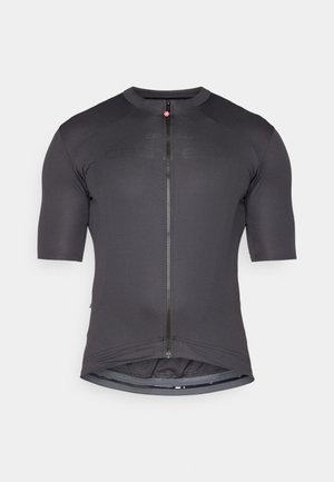 Dark gray short-sleeve cycling jersey with a front zipper, subtle branding, and a fitted design. Made from a smooth, stretchy material.