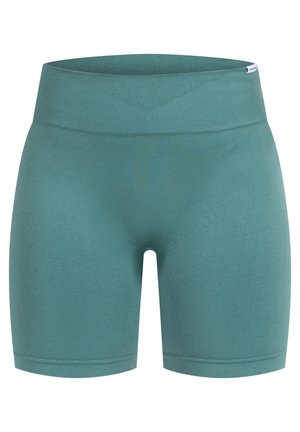 Pantalones cortos deportivos en color verde azulado con una amplia cinturilla acanalada. Fabricados con una tela suave y elástica. Presentan un diseño ajustado y una longitud a mitad del muslo.