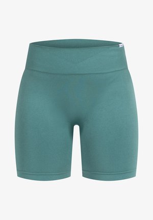 Pantalones cortos deportivos en color verde azulado con una amplia cinturilla acanalada. Fabricados con una tela suave y elástica. Presentan un diseño ajustado y una longitud a mitad del muslo.