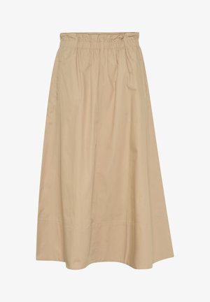 Beige, knielanger Rock aus einem glatten, leichten Stoff. Verfügt über einen elastischen Bund und flache Nähte für ein schlichtes Design.