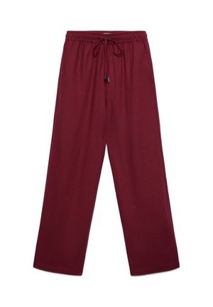 Bordeauxrote Hosen mit weitem Bein, elastischem Bund und Kordelzugverschluss, gefertigt aus leichtem Stoff.