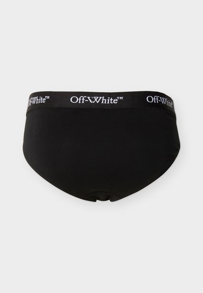 Μαύρα ανδρικά σλιπ με λευκή ζώνη μέσης με το λογότυπο Off-White σε λευκό κείμενο σε μονόχρωμο φόντο.