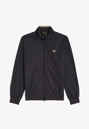 Sort lynlåsjakke med standkrave, elastiske ærmegab og kant, med lille broderet laurbærkranslogo på venstre bryst.