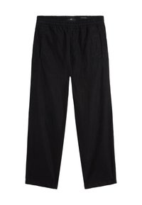 Schwarze, locker sitzende Hosen aus leichtem Stoff. Sie verfügen über einen elastischen Bund, Seitentaschen und gerade Beine. Keine sichtbaren Muster.