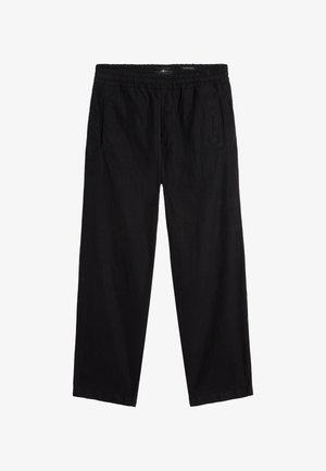 Czarne, luźne spodnie wykonane z lekkiego materiału. Posiadają elastyczny pas, boczne kieszenie i proste nogawki. Bez widocznych wzorów.
