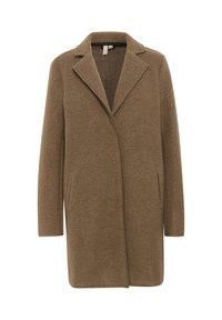 Cappotto in misto lana marrone con colletto a revers, maniche lunghe e tasche laterali. Il tessuto presenta una texture morbida e una leggera lucentezza.