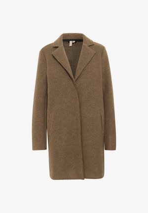 Manteau en mélange de laine marron avec un col notch, des manches longues et des poches latérales. Le tissu présente une texture douce et un léger brillant.