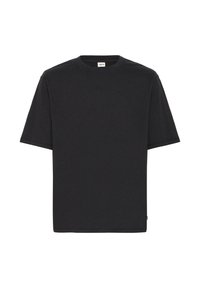 T-shirt en coton noir avec un col rond, des manches courtes et une coupe décontractée. Présente un design simple sans motifs ni accents.