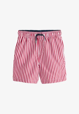 Červeno-bílé vertikálně pruhované plážové šortky s elastickým pasem a tmavě modrým šňůrkovým stahem.