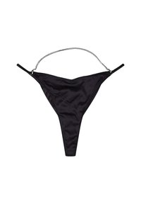 Schwarzes Tanga-Bikini-Unterteil mit glatter Textur, minimaler Bedeckung und dünnen Trägern. Verfügt über eine metallische Akzentkette entlang der Taille.