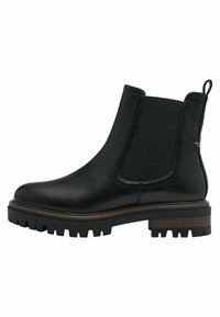 Botín Chelsea de cuero negro con paneles laterales elásticos, suela resistente y una pestaña de tirón. Presenta un acabado suave con sutiles detalles de costura.
