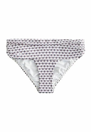 Białe figi od bikini z podwijanym paskiem i małym wzorem diamentu w fioletowym i brązowym kolorze.