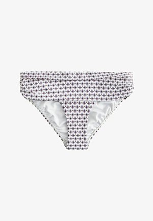 Weiße Bikinihöschen mit umgeschlagenem Bund und kleinem Diamantmuster in Lila und Braun.