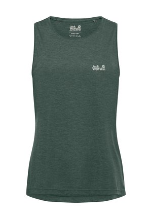 Débardeur vert sans manches en tissu léger, doté d'un col rond et d'un petit logo blanc sur le côté supérieur gauche.