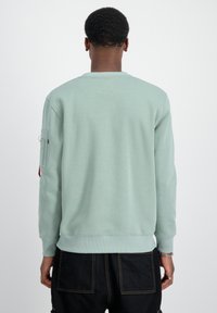 Svijetlo zeleni dukserica s rebrastim manžetama i donjim rubom, s džepom na lijevoj rukavu. Mekana tekstura; jednostavan, opušten dizajn.