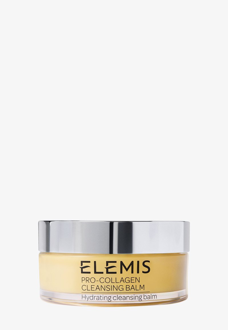 Żółty nawilżający balsam do oczyszczania w przezroczystym słoiczku z srebrną pokrywką oznaczony jako Elemis Pro-Collagen Cleansing Balm.
