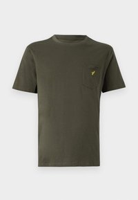 T-shirt manches courtes vert olive avec un col rond et un petit logo oiseau jaune sur la poche poitrine gauche.