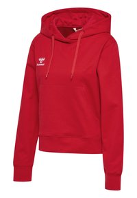 Rote Kapuzenjacke aus weichem Stoff, mit einer Kängurutasche, Zugbandkapuze und Logo auf der linken Brust. Ribbed Bündchen und Saum.