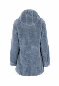 Blaues, flauschiges Kapuzenjackett mit langen Ärmeln, von hinten auf einem weißen Hintergrund gezeigt.