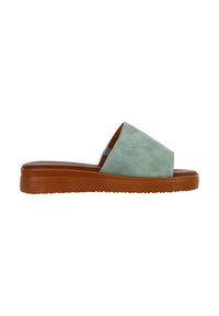 Sandalini leggeri verde chiaro, con una larga fascia, suola in gomma marrone, superficie testurizzata e un leggero tacco. Adatti per un abbigliamento casual.