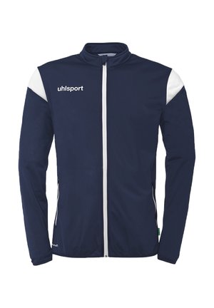 Marinejakke med hvide detaljer, fuld lynlås foran, stålkrave og logo på brystet. Lavet af glat, letvægtsstof.