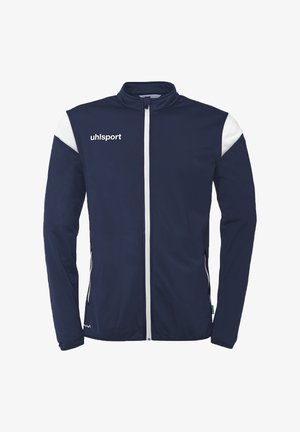 Marinejakke med hvide detaljer, fuld lynlås foran, stålkrave og logo på brystet. Lavet af glat, letvægtsstof.