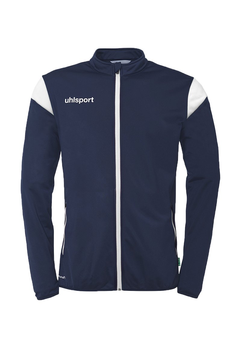 Marinejakke med hvide detaljer, fuld lynlås foran, stålkrave og logo på brystet. Lavet af glat, letvægtsstof.