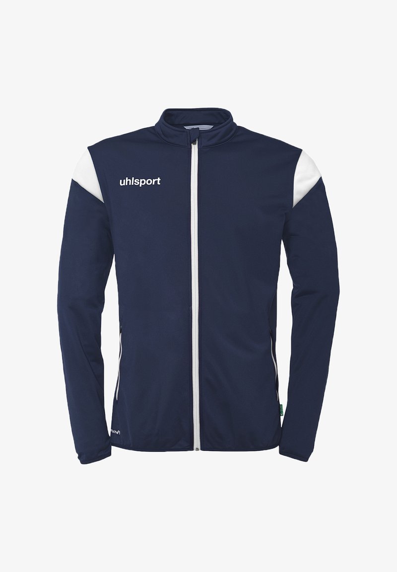 Marinejakke med hvide detaljer, fuld lynlås foran, stålkrave og logo på brystet. Lavet af glat, letvægtsstof.