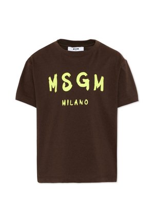 T-shirt marron foncé à manches courtes avec les inscriptions "MSGM" et "MILANO" en jaune néon centrées sur le devant.