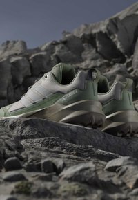 Paire de chaussures de randonnée Adidas Terrex vert olive et beige reposant sur un terrain rocheux sous un ciel dégagé.