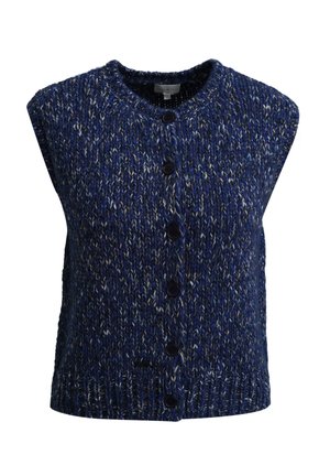 Sleeveless blue and gray mixed knit cardigan with five front buttons and a round neckline.