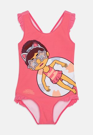 Roosa ühes tükis ujumistrikoo volangkäärtega, millel on prillidega koomiksitegelane, ringikujuline graafika ja pehme kanga tekstuur.