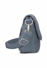 Gray faux leather bag with a smooth texture, featuring a detachable strap, silver hardware, and a zip closure at the top.