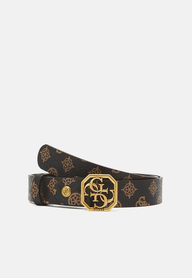 Ceinture en cuir noir et marron à motifs avec boucle octogonale dorée ornée des lettres entrelacées du logo Guess.