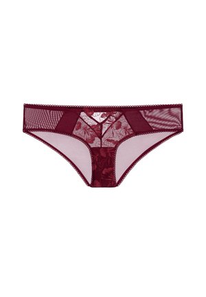 Burgunderfarvet blonder bikiniundertøj med blomsterbroderi og gennemsigtige mesh-sidel paneler, med bølget kant langs kanterne.
