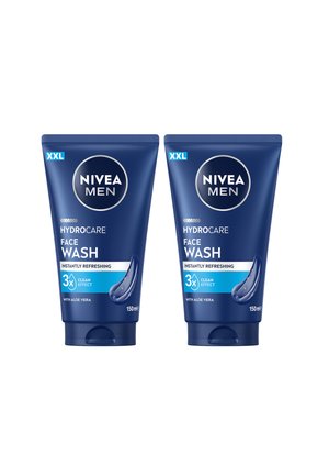 Two blue 150ml Nivea Men Hydro Care Face Wash tubes, labeled XXL, with aloe vera and 3x clean effect, side by side on white background.