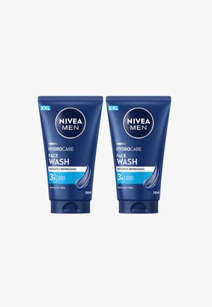 Two blue 150ml Nivea Men Hydro Care Face Wash tubes, labeled XXL, with aloe vera and 3x clean effect, side by side on white background.