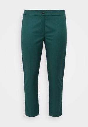 Zaļas iecirtīgas bikses, kas izgatavotas no gludas auduma, ar rāvējslēdzēju un pogu aizdari, priekšējiem kabatām un izsmalcinātu piegriezumu.