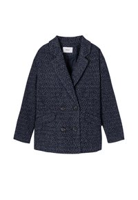 Manteau bleu marine à double boutonnage, en tissu texturé, avec un col cranté, deux poches avant et des fermetures à boutons.
