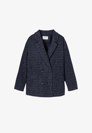 Manteau bleu marine à double boutonnage, en tissu texturé, avec un col cranté, deux poches avant et des fermetures à boutons.