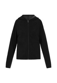 Musta fleece-takki, jossa on vetoketju edessä, huppu ja pitkät hihat. Ominaisuuksiin kuuluvat raglan-hihat ja sileä pinta. Yksinkertainen, toiminnallinen muotoilu.